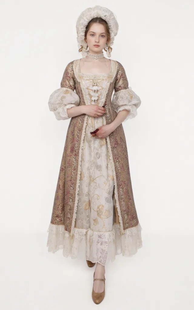 A French female model wearing Rococo   style clothing, against a white background, in a front   facing shot focusing on shoes